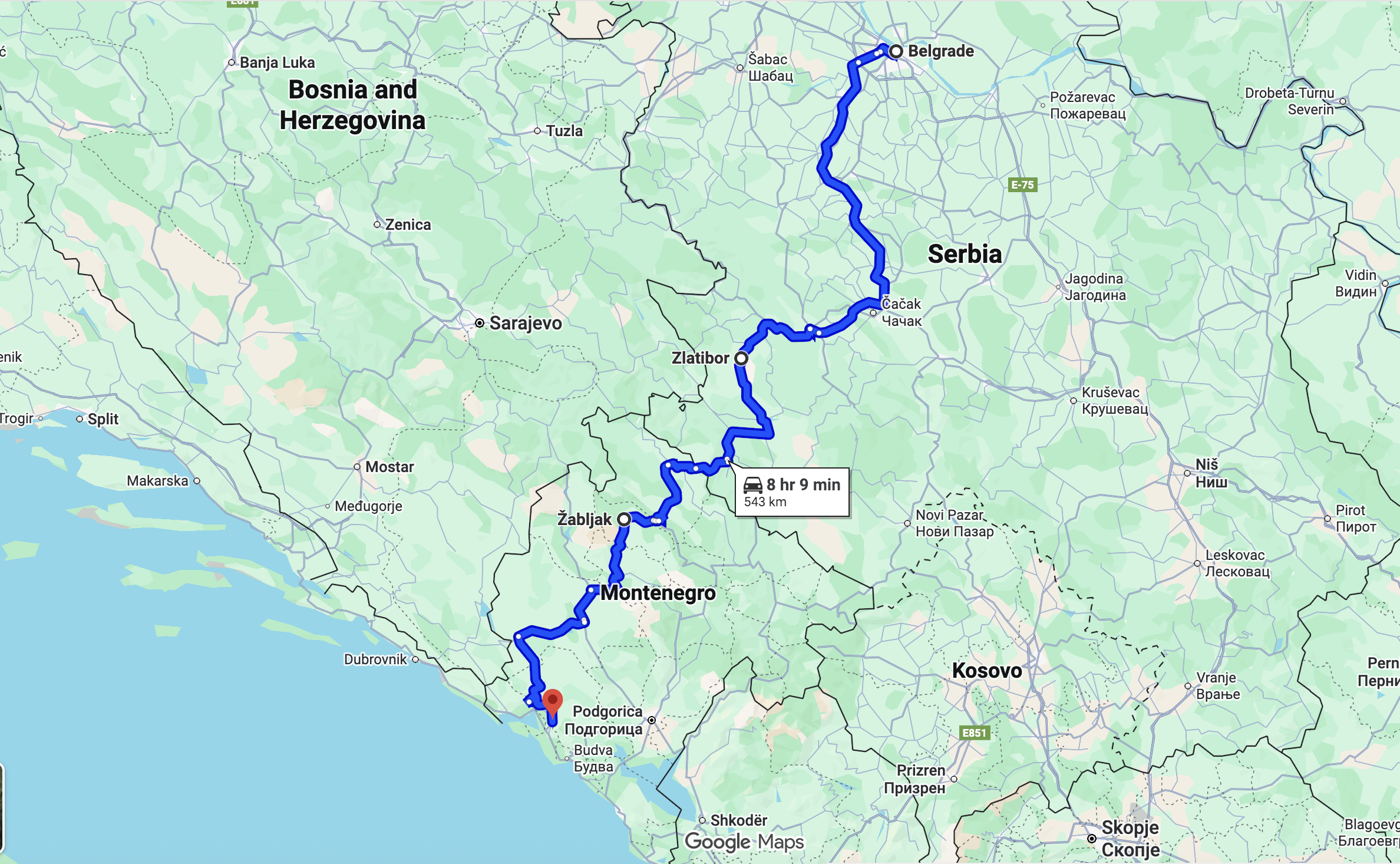 Serbia and Montenegro Travel Route Map